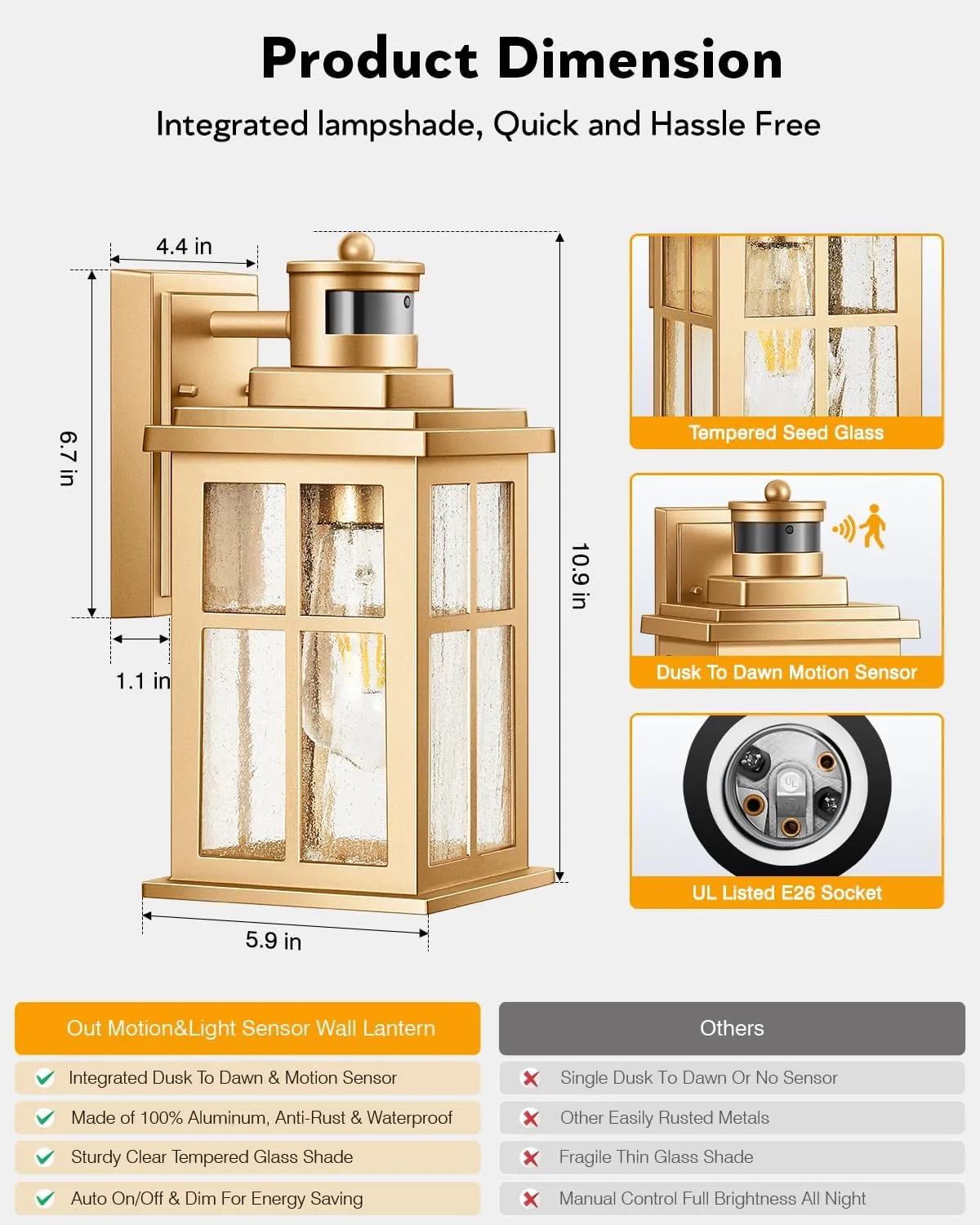 VIANIS 2 Pack Motion Sensor Outdoor Wall Lights, Modern Gold Exterior Garage Lighting Fixtures Wall Mount for House, Anti-Rust Waterproof Dusk to Dawn Front Porch Lights Wall Lantern Sconce for Patio