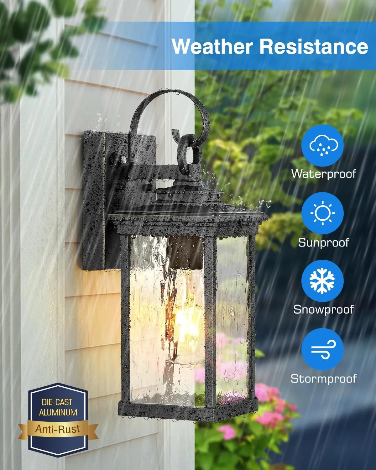 VIANIS 2 Packs Dusk to Dawn Outdoor Wall Lights, Modern Black (Gold Trim) Exterior Light Fixtures Wall Mount fot Porch, Waterproof Outside Garage Wall Lantern Sconce for House with Tempered Glass