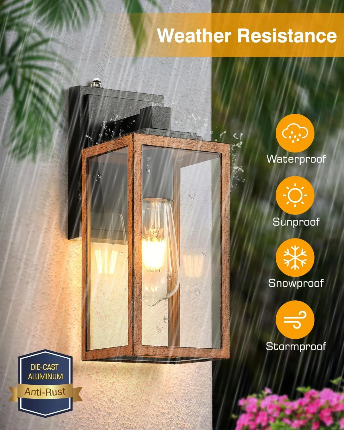 VIANIS 2 Packs Garage Light Outdoor, Dusk to Dawn Outside Wall Lights Fixture for House, Wood Grain Coach Lantern with Toughened Glass, Farmhouse Sconce Wall Mount for Entryway, Hallway, Garage