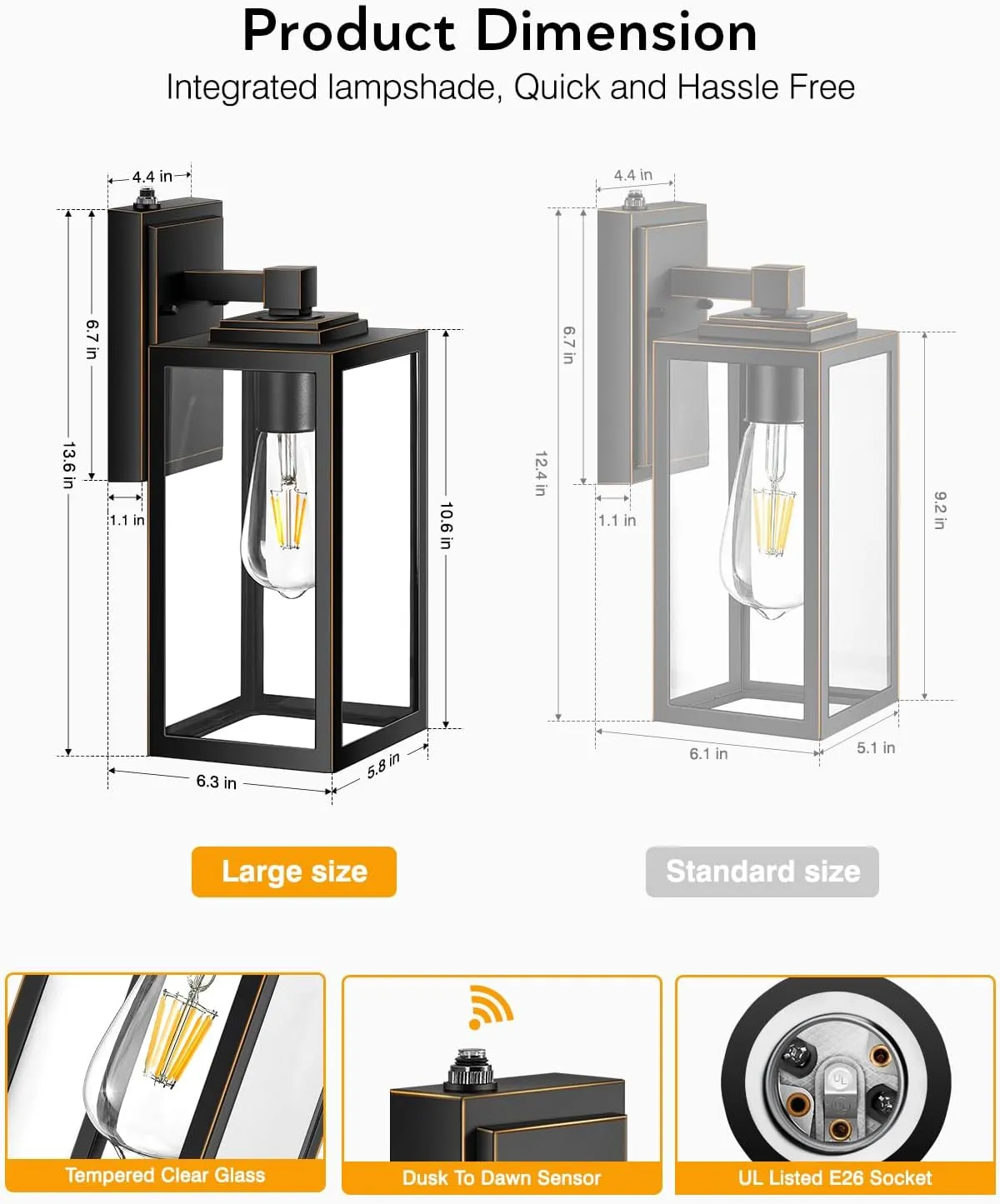 VIANIS Dusk to Dawn Outdoor Wall Light, Large Exterior Garage Light Fixtures Wall Mount, Modern Front Porch Lanterns Wall Sconce Lighting, Anti-Rust Waterproof Outside House Lights for Coach Home
