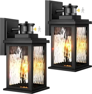 VIANIS Motion Sensor Exterior Lights for House, 2 Pack Dusk to Dawn Porch Lights Sconce Outdoor, Moden Black Outdoor Sconce Lights Lantern with Tempered Glass for Garage, Patio, Waterproof
