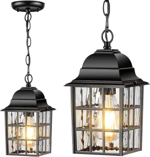 VIANIS Outdoor Pendant Lights, Black Outdoor Lanterns for Front Porch Anti-Rust Aluminum, Outdoor Farmhouse Light Fixture, Gazebo Chandelier with Tempered Ripple Glass for Porch, Garage, Entryway
