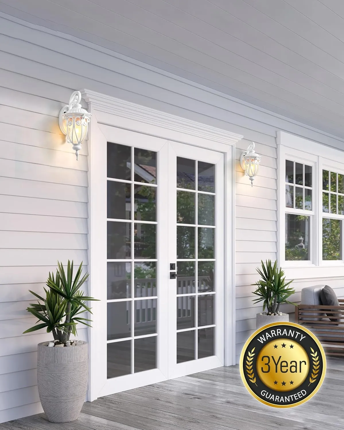 VIANIS White Dusk to Dawn Porch Light, 100% Aluminum Outside Light Fixtures for House with Seed Glass, Waterproof LED Exterior Garage Lights ，Outdoor Sconces Wall Lighting Lantern