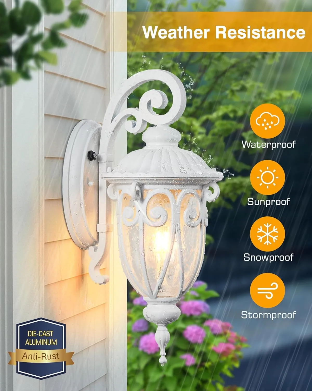 VIANIS White Dusk to Dawn Porch Light, 100% Aluminum Outside Light Fixtures for House with Seed Glass, Waterproof LED Exterior Garage Lights ，Outdoor Sconces Wall Lighting Lantern