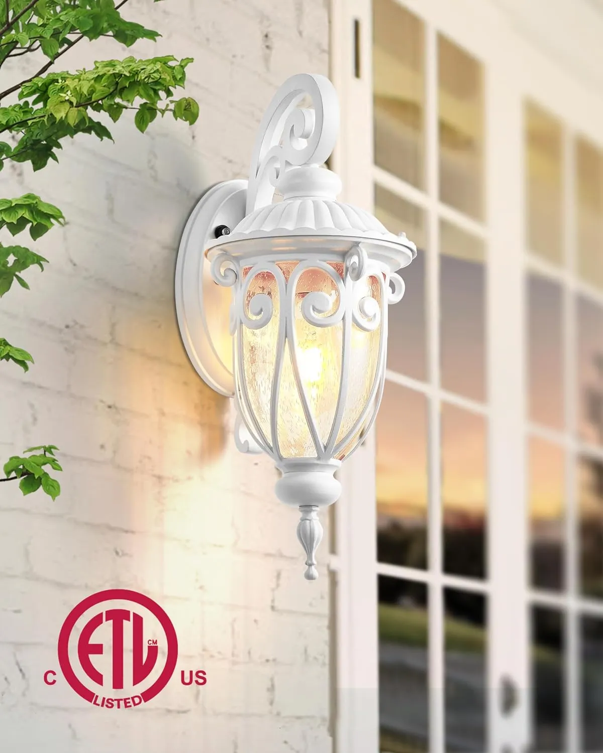 VIANIS White Dusk to Dawn Porch Light, 100% Aluminum Outside Light Fixtures for House with Seed Glass, Waterproof LED Exterior Garage Lights ，Outdoor Sconces Wall Lighting Lantern