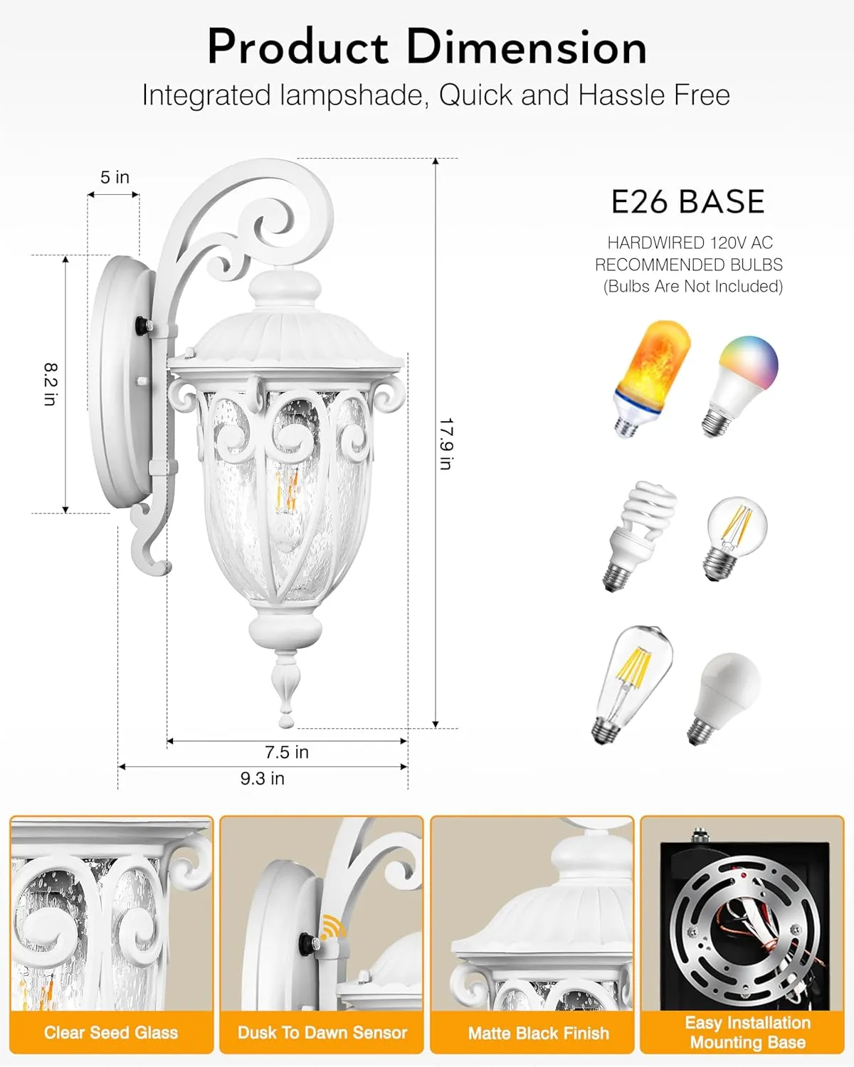 VIANIS White Dusk to Dawn Porch Light, 100% Aluminum Outside Light Fixtures for House with Seed Glass, Waterproof LED Exterior Garage Lights ，Outdoor Sconces Wall Lighting Lantern