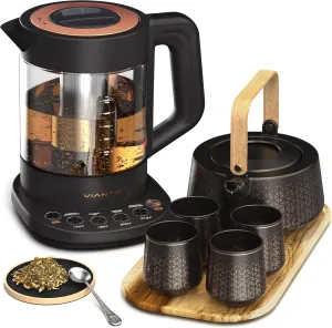 Vianté Luxury Tea Set. Electric Kettle with Tea Infuser for Loose Leaf Tea And Ceramic Serving Set. Tea Pot And Cups Set With Wooden Tray. Excellent Gift Idea For Tea Lovers.