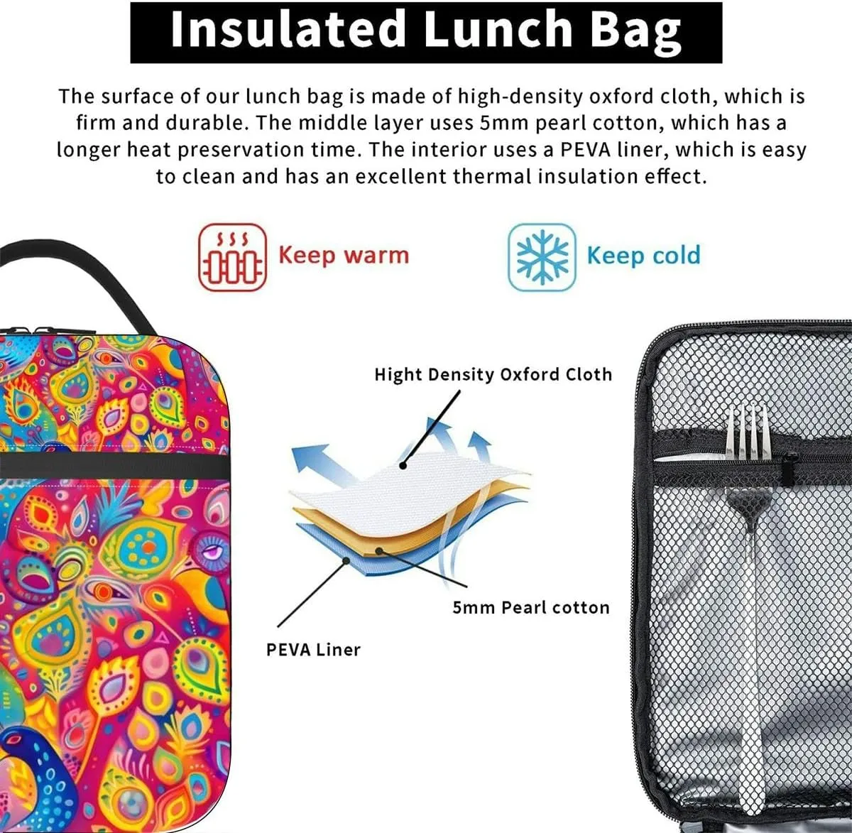 Vibrant Diwali Lantern Peacocks Illuminate a Lively Street Festival Insulated Iunch Bag for Men Woman Large Portable Waterproof Reusable Thermal Lunch Box with Pockets for Work Travel Picnic