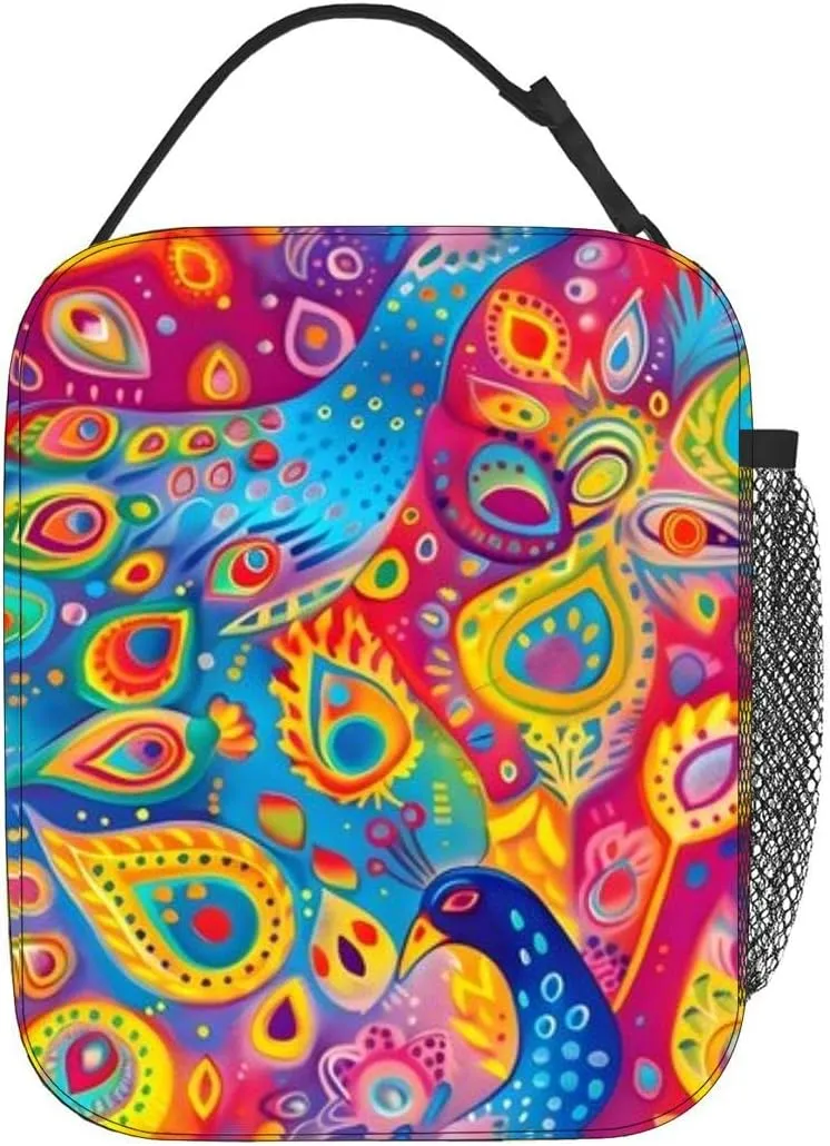 Vibrant Diwali Lantern Peacocks Illuminate a Lively Street Festival Insulated Iunch Bag for Men Woman Large Portable Waterproof Reusable Thermal Lunch Box with Pockets for Work Travel Picnic