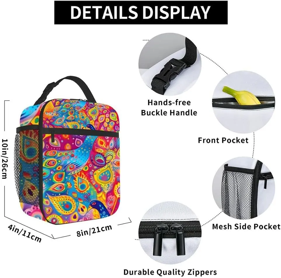 Vibrant Diwali Lantern Peacocks Illuminate a Lively Street Festival Insulated Iunch Bag for Men Woman Large Portable Waterproof Reusable Thermal Lunch Box with Pockets for Work Travel Picnic