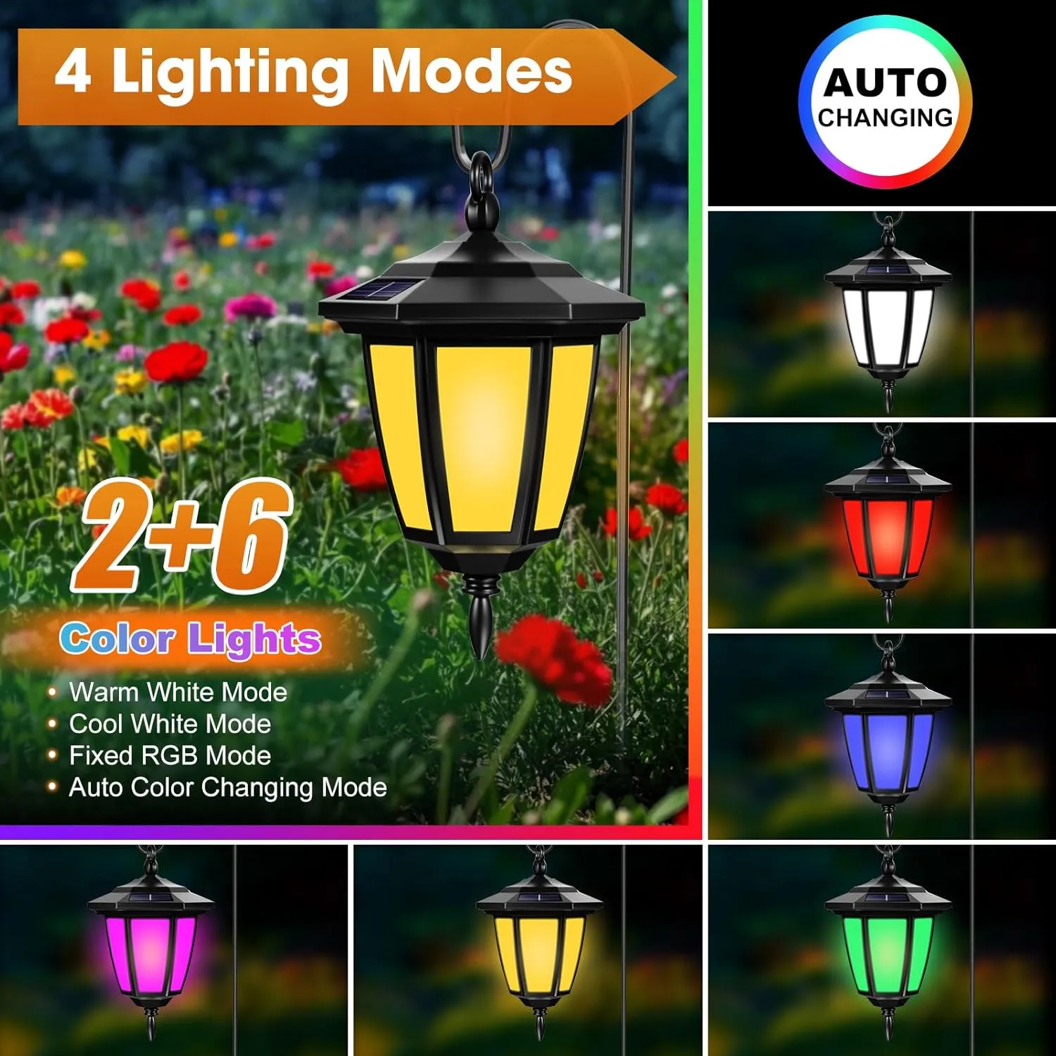 Viewsun 34 Inch Solar Hanging Lights, Shepherd Hook Lights with 2 Shepherd Hooks Waterproof Outdoor Decorative Solar Lantern Lights for Garden Decor, Patio, Backyard, Pathway, 4 Pack