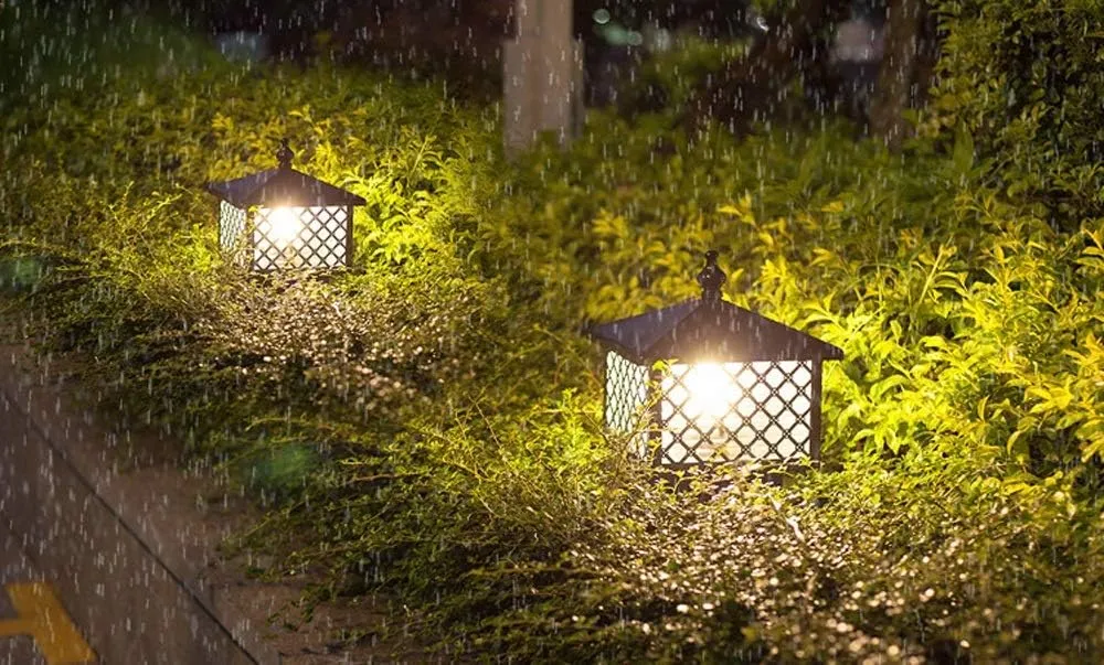 Vintage Creative Square Outdoor Waterproof IP55 Column Lamp Fishing Net Antirust Aluminum Iron Metal E27 Garden Villa Pillar Light Chinese Open Air Balcony Park Glass Lampshape Post Lantern Path