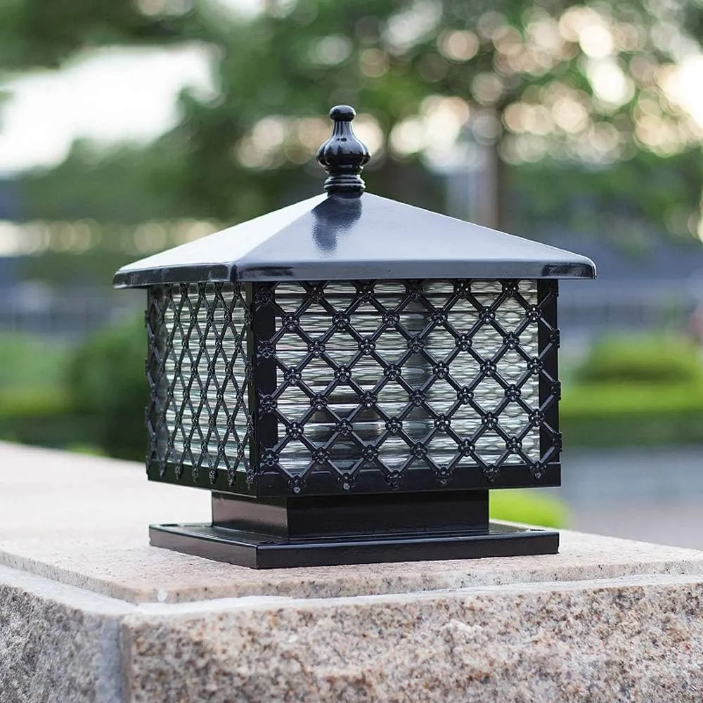 Vintage Creative Square Outdoor Waterproof IP55 Column Lamp Fishing Net Antirust Aluminum Iron Metal E27 Garden Villa Pillar Light Chinese Open Air Balcony Park Glass Lampshape Post Lantern Path