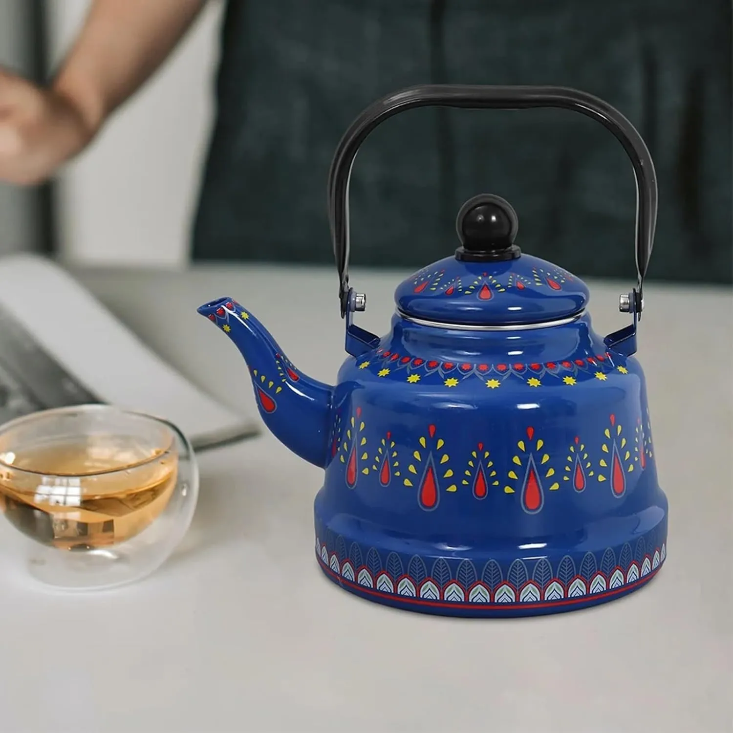 Vintage Enamel Tea Kettle with Ergonomic Folding Handle Camping Coffee Pot for Gas and Induction Stoves(Yellow,2.5L)