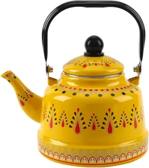 Vintage Enamel Tea Kettle with Ergonomic Folding Handle Camping Coffee Pot for Gas and Induction Stoves(Yellow,2.5L)