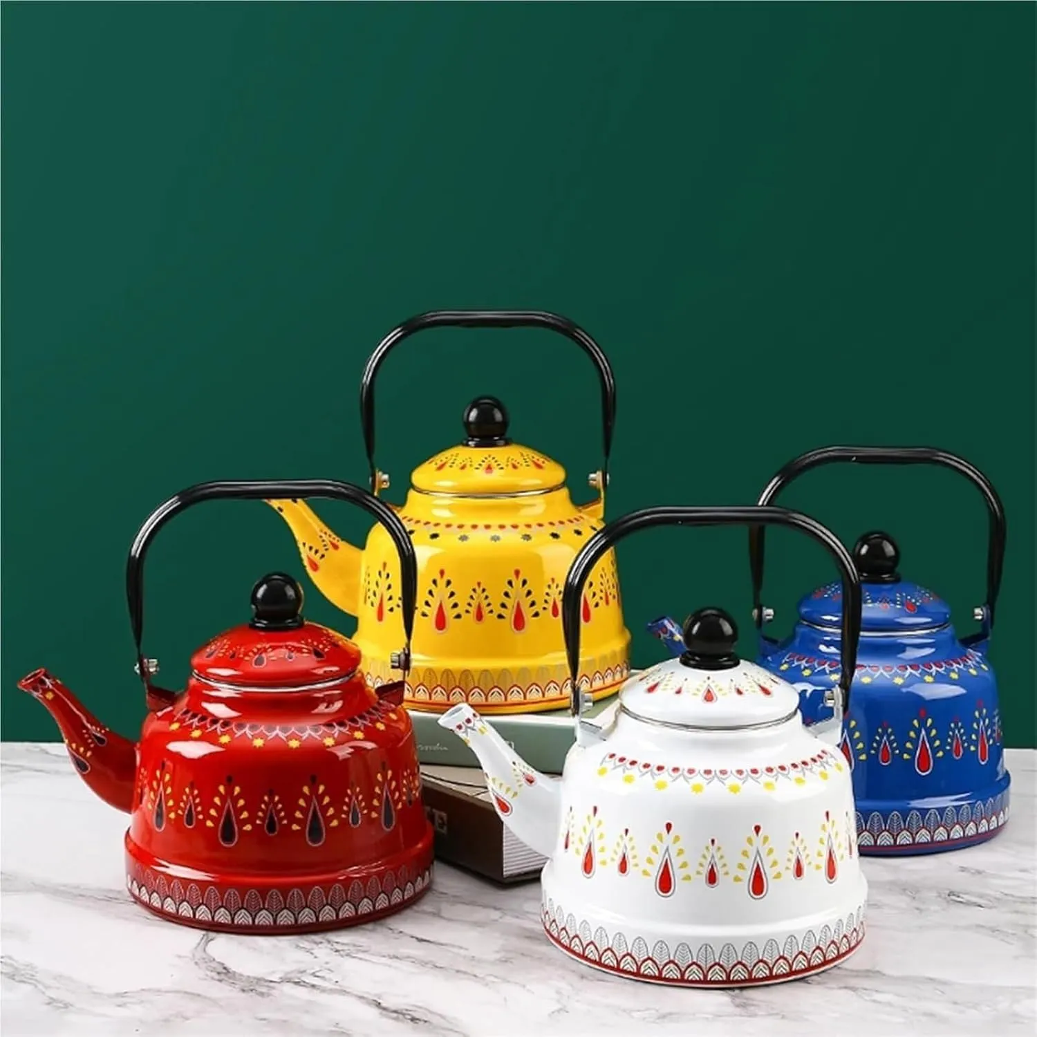 Vintage Enamel Tea Kettle with Ergonomic Folding Handle Camping Coffee Pot for Gas and Induction Stoves(Yellow,2.5L)