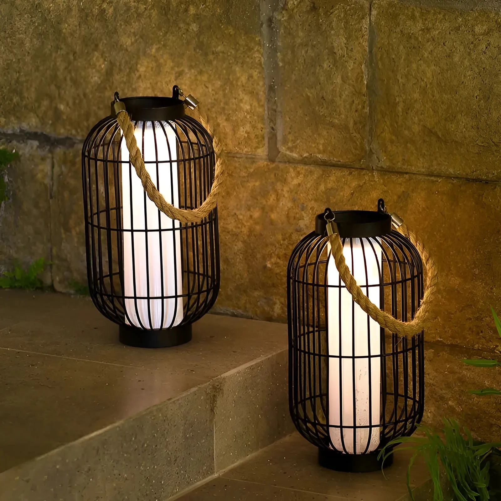 Vintage Industrial Table Lamp - Rustic Metal Lantern with Rope Handle