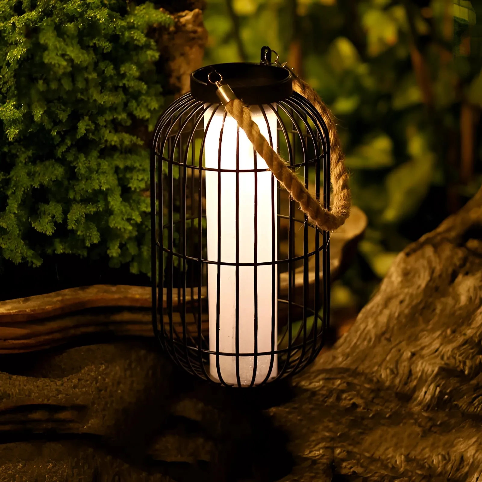 Vintage Industrial Table Lamp - Rustic Metal Lantern with Rope Handle
