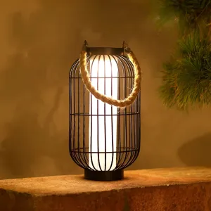 Vintage Industrial Table Lamp - Rustic Metal Lantern with Rope Handle
