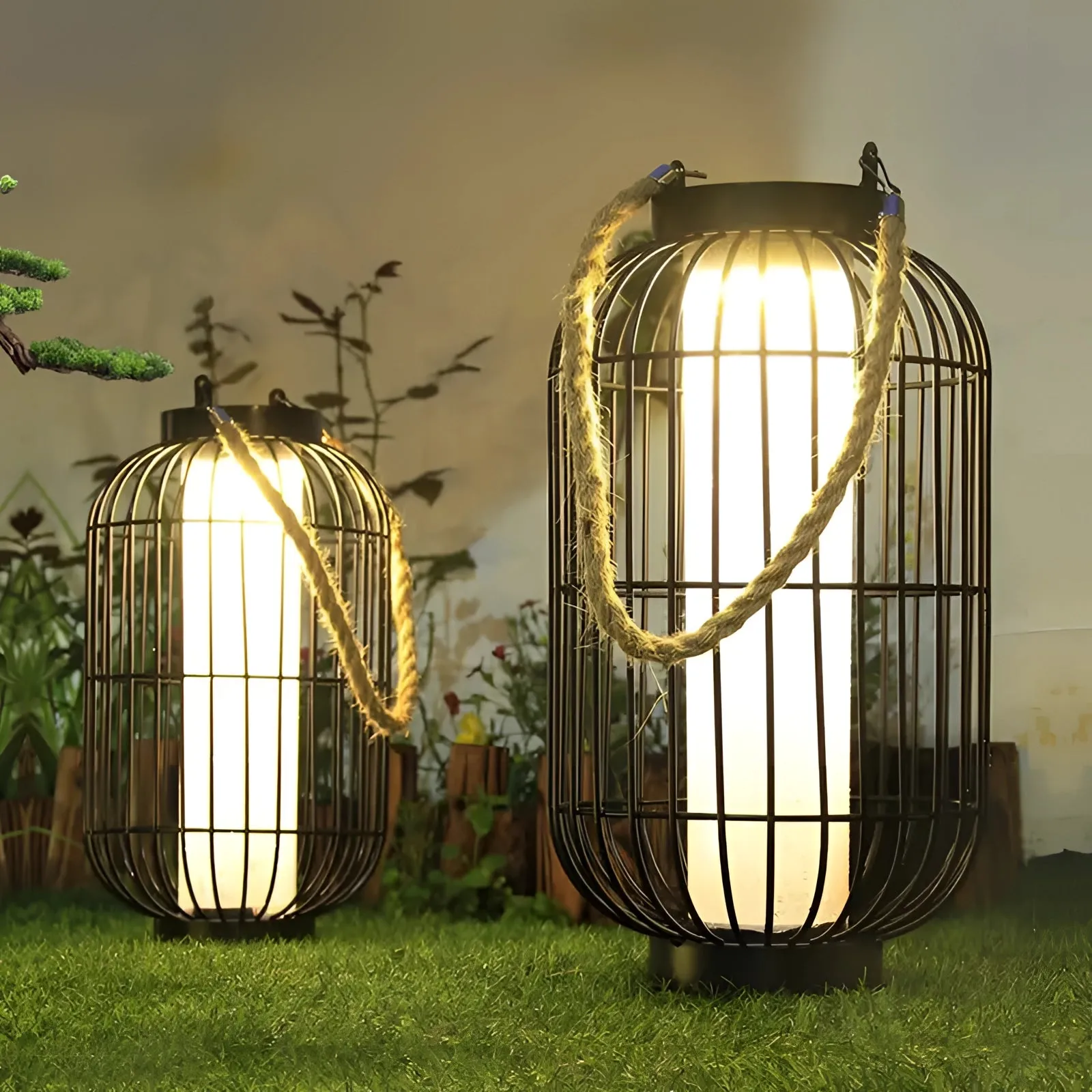 Vintage Industrial Table Lamp - Rustic Metal Lantern with Rope Handle