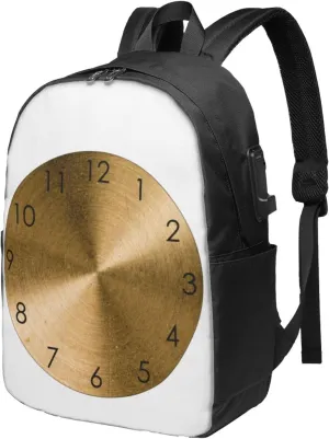 Vintage Spun Brass Gold Metallic Metal Round Ergonomic Travel Laptop Backpack - Fashionable Usb Charging Men'S And Women'S Backpack, Work Gift, Leisure Day Bag