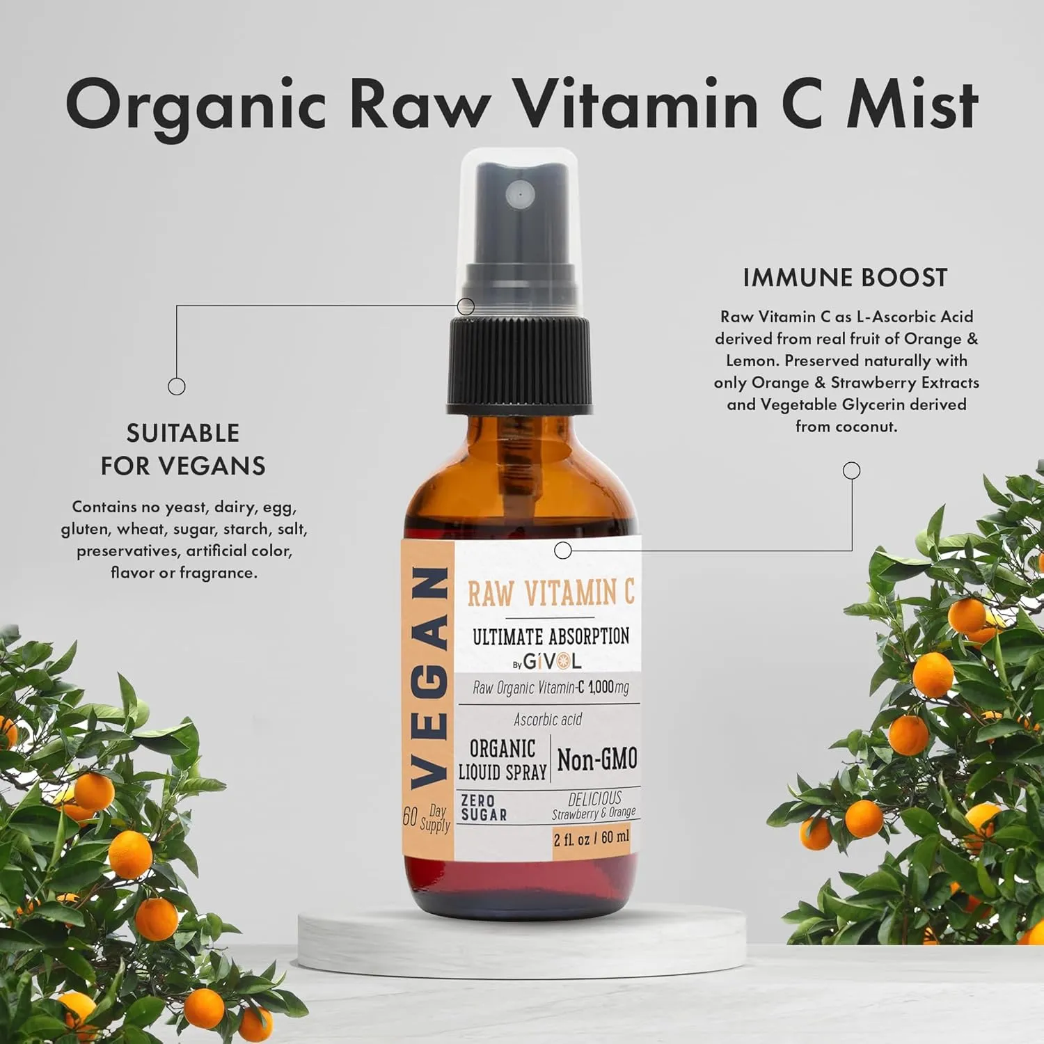Vitamin C Extra Strength Spray: Daily Absorption Liquid Extract with Lemon, Orange, Strawberry, Rich in Ascorbic Acid, 2oz (60ml) 60 Day Supply