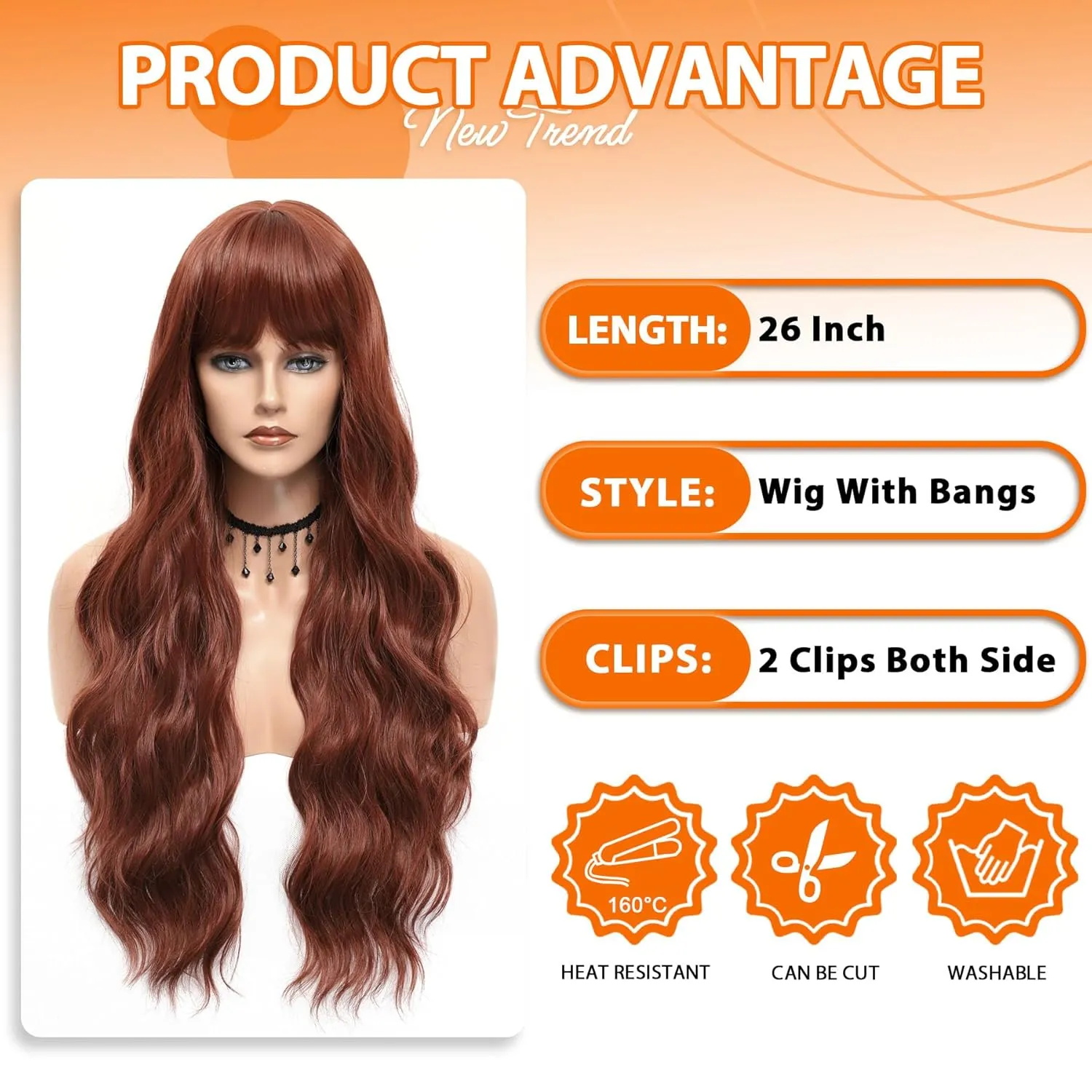 Vomella Long Auburn Wave Wig 26 Inch Long Curly Wavy Wigs for Women Natural Looking Synthetic Heat Resistant Fiber Wig for Daily Party Cosplay Use