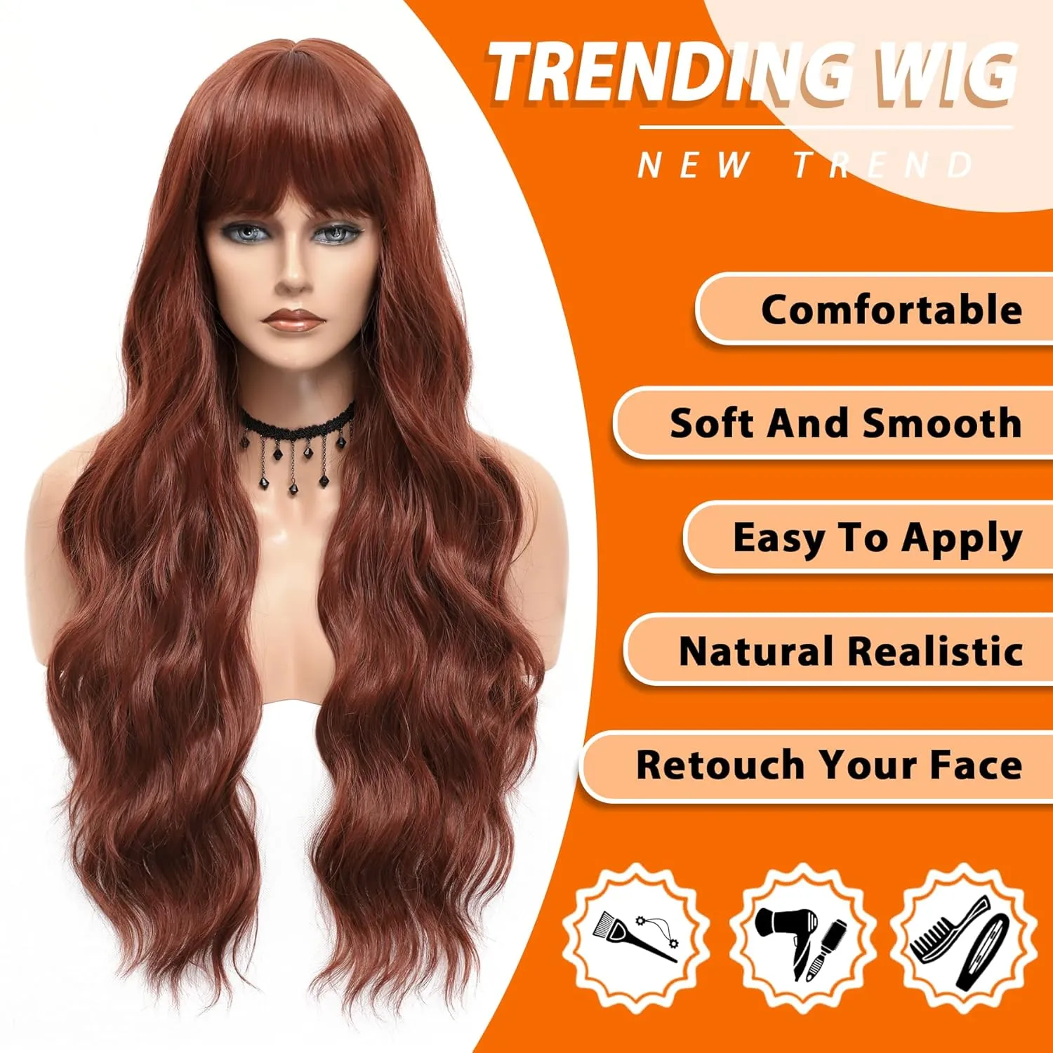 Vomella Long Auburn Wave Wig 26 Inch Long Curly Wavy Wigs for Women Natural Looking Synthetic Heat Resistant Fiber Wig for Daily Party Cosplay Use