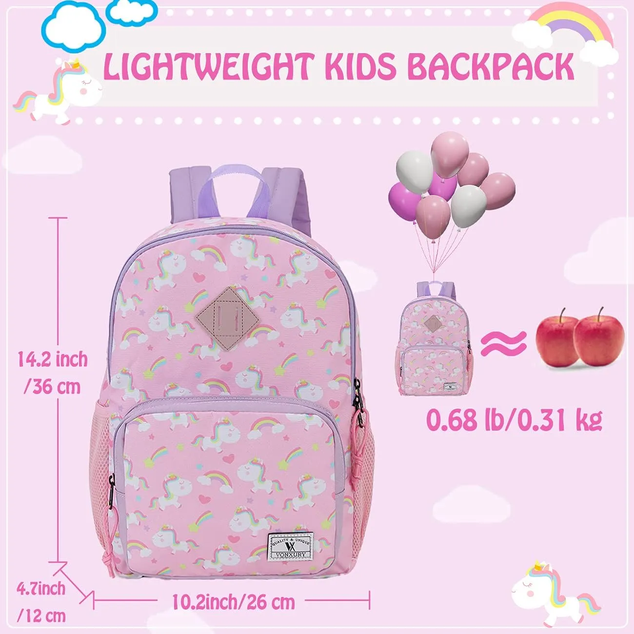 VX VONXURY Girls Backpack,Cute Preschool Toddler Schoolbag for Kids with Chest Strap Small(Pink Unicorn)