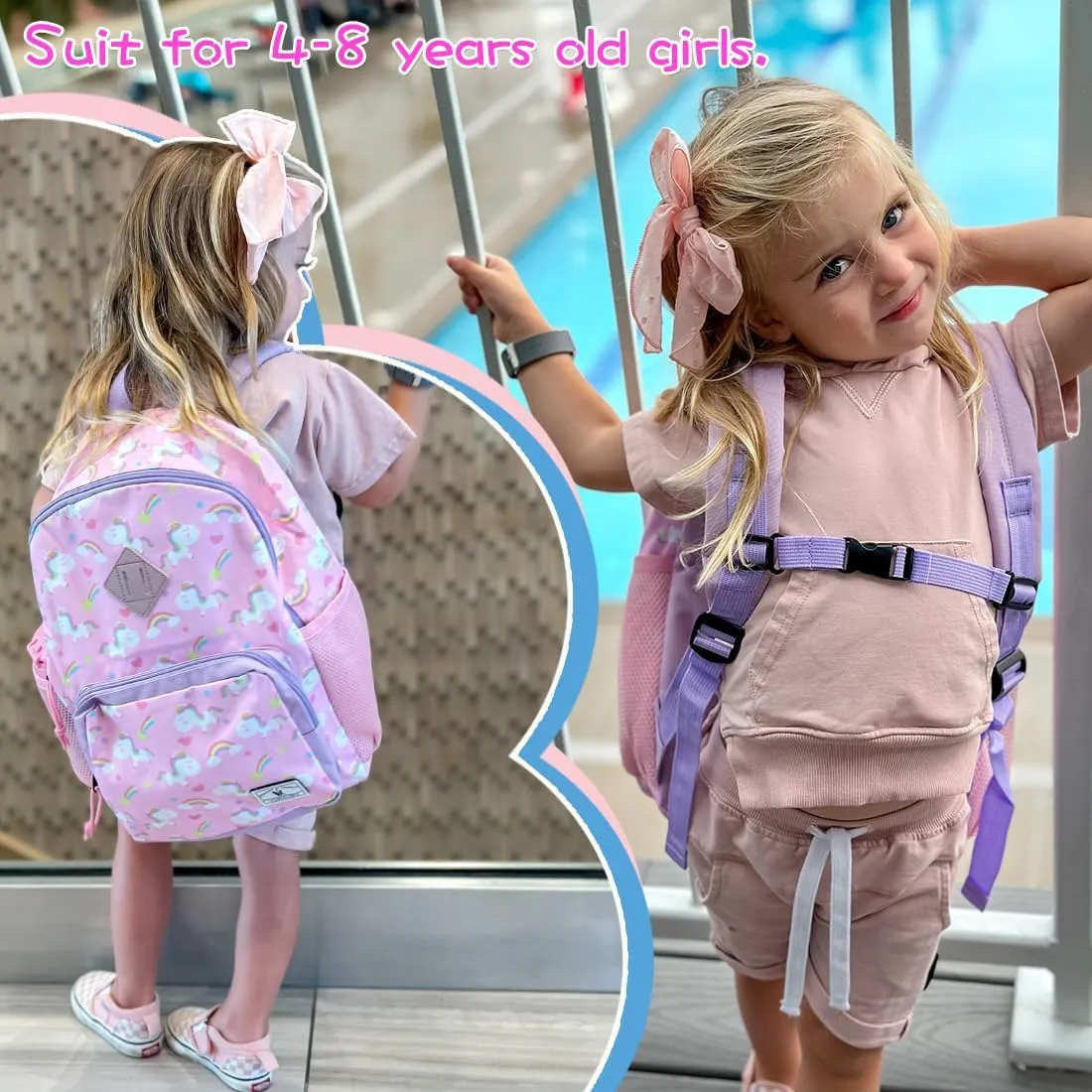 VX VONXURY Girls Backpack,Cute Preschool Toddler Schoolbag for Kids with Chest Strap Small(Pink Unicorn)