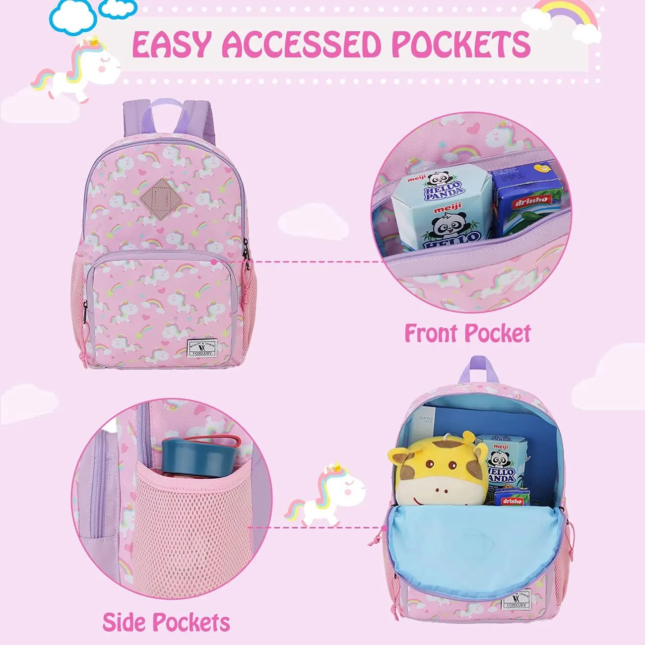 VX VONXURY Girls Backpack,Cute Preschool Toddler Schoolbag for Kids with Chest Strap Small(Pink Unicorn)