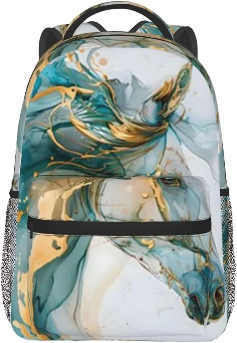 W-atercolor Horse Student Backpack With Adjustable Shoulder Straps And Cushioned Back For Comfort Black
