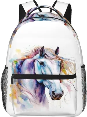 W-atercolor Horse Student Backpack With Adjustable Shoulder Straps And Cushioned Back For Comfort Black