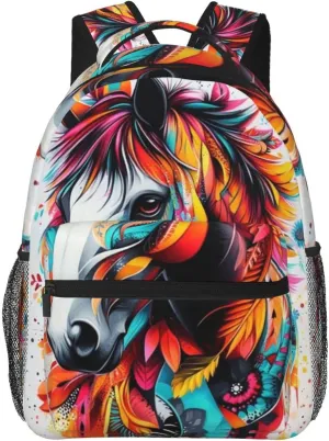 W-atercolor Horse Student Backpack With Adjustable Shoulder Straps And Cushioned Back For Comfort Black