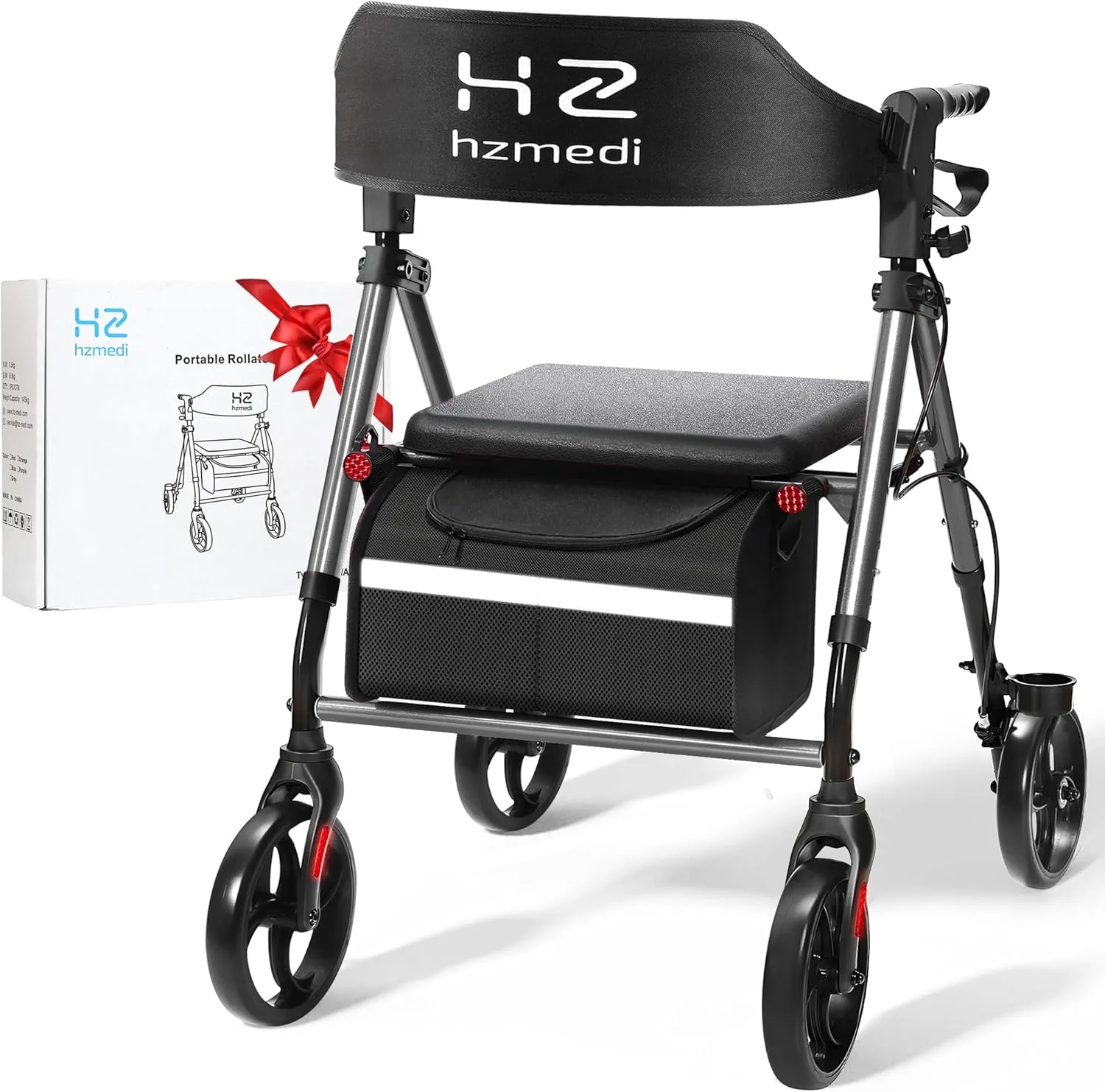 Walkers for Seniors, Grey Folding Walker with Seat, 8" Big Wheels Adult Rolling Walker for All Terrain, Dual Adjustable Height Medical Walker with Backrest and Brakes| Metallic Gray