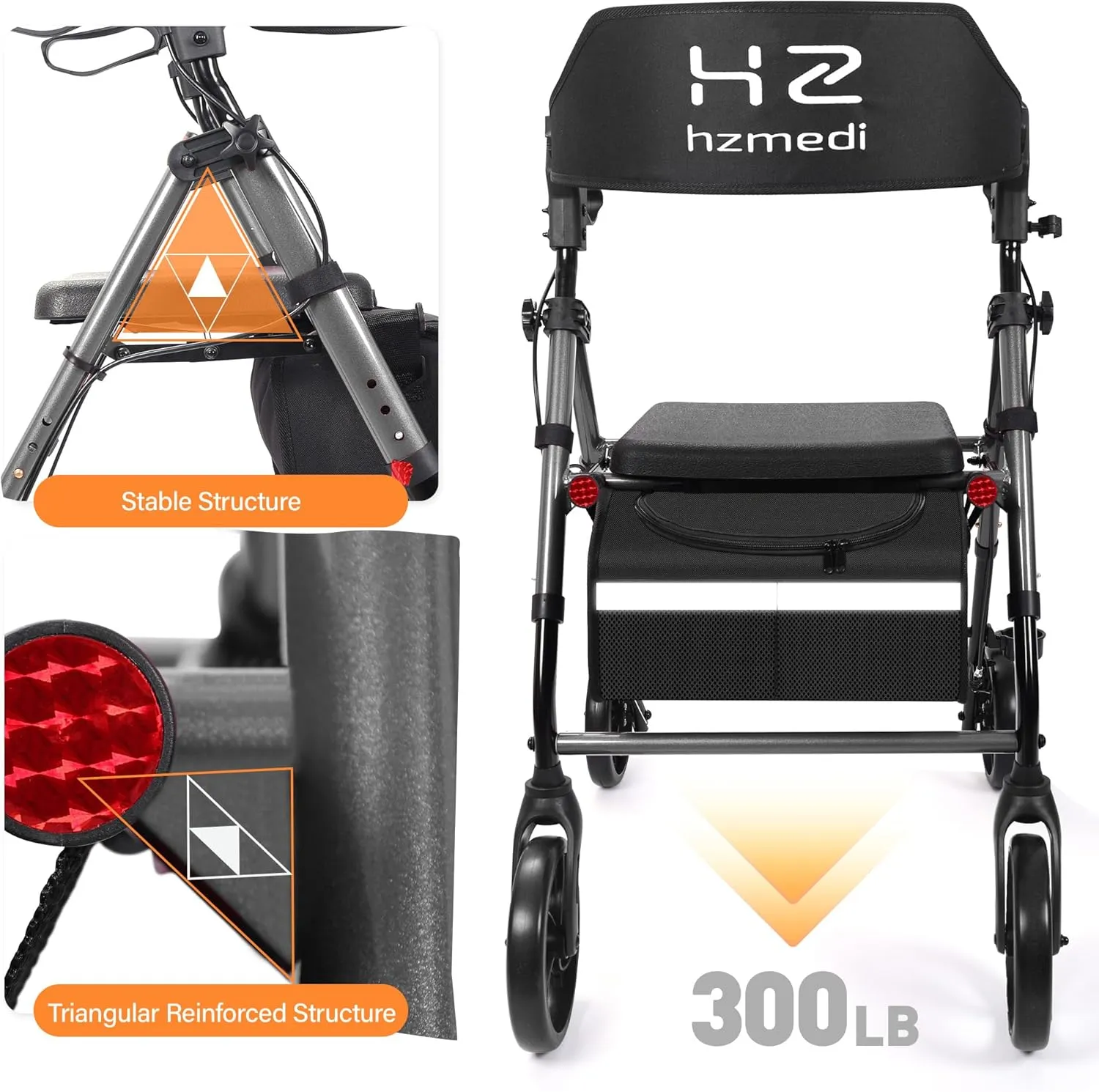 Walkers for Seniors, Grey Folding Walker with Seat, 8" Big Wheels Adult Rolling Walker for All Terrain, Dual Adjustable Height Medical Walker with Backrest and Brakes| Metallic Gray