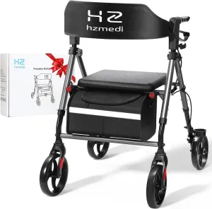 Walkers for Seniors, Grey Folding Walker with Seat, 8" Big Wheels Adult Rolling Walker for All Terrain, Dual Adjustable Height Medical Walker with Backrest and Brakes| Metallic Gray