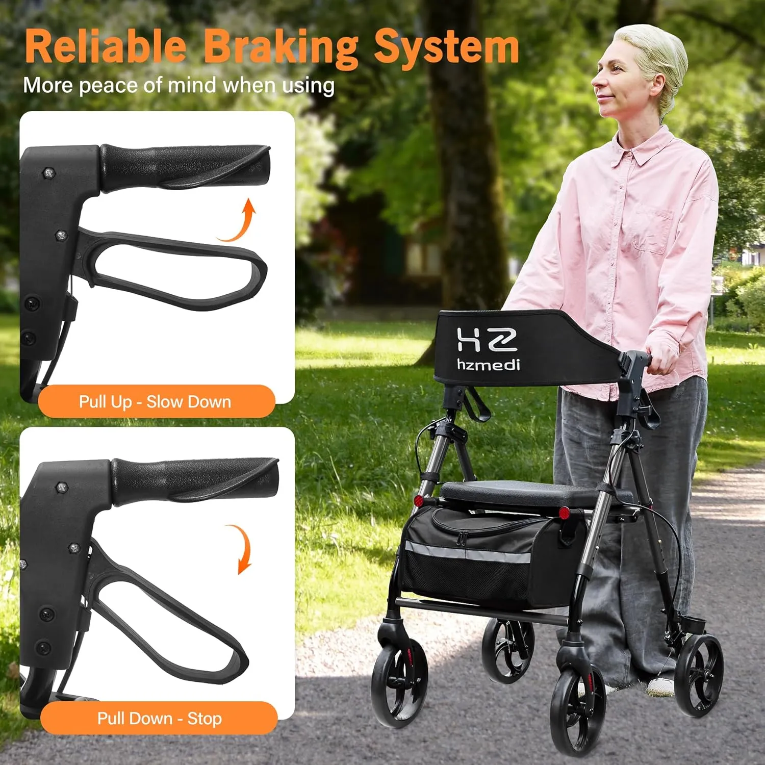 Walkers for Seniors, Grey Folding Walker with Seat, 8" Big Wheels Adult Rolling Walker for All Terrain, Dual Adjustable Height Medical Walker with Backrest and Brakes| Metallic Gray
