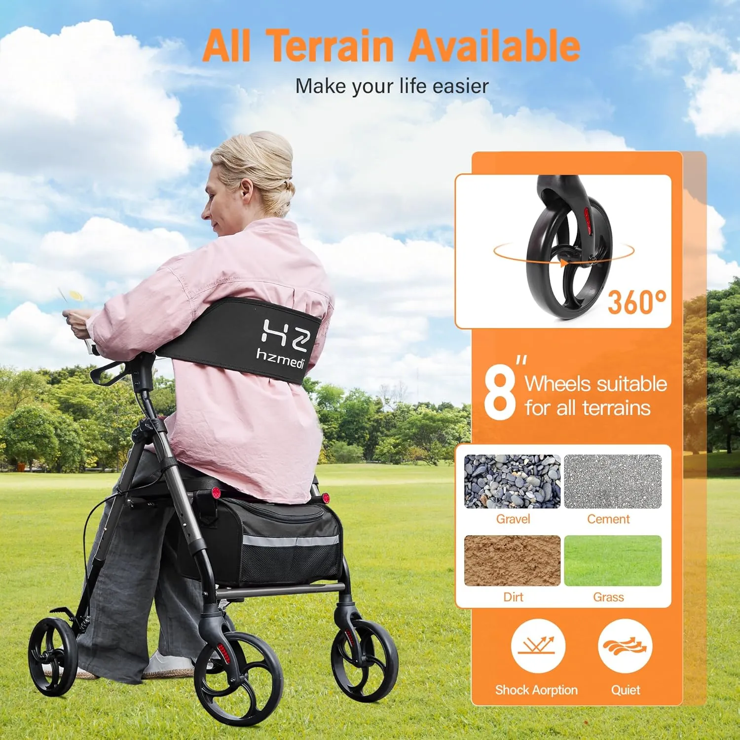 Walkers for Seniors, Grey Folding Walker with Seat, 8" Big Wheels Adult Rolling Walker for All Terrain, Dual Adjustable Height Medical Walker with Backrest and Brakes| Metallic Gray
