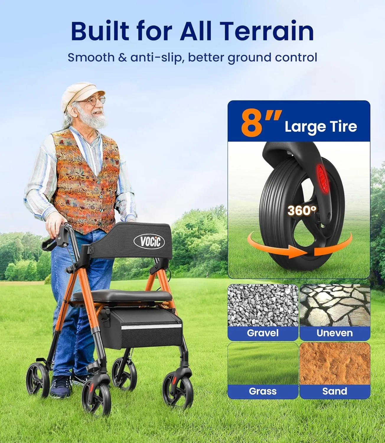 Walkers for Seniors, Z21 Rollator Walker with Seat Supports 330lb, 8" Big Wheels for All Terrain, Ergonomic Arc Seat & 6" Ultra Backrest Foldable Walker, Dual Height Adjustment, Lightweight 2025