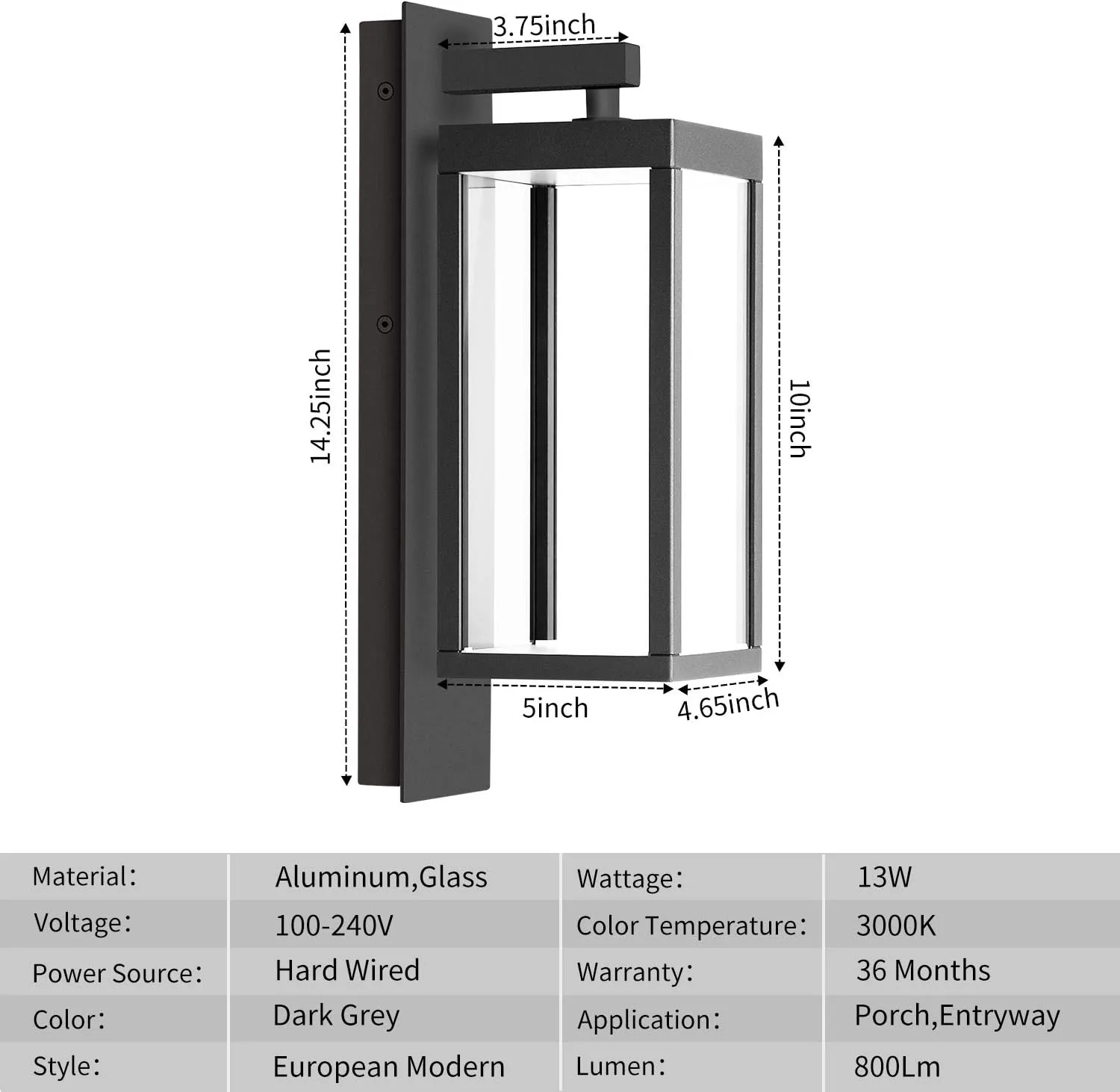 Wall Light Outdoor LED Wall Mount Lamp Classic Wall Sconce Lighting Lantern Fixture Grey Aluminum Lights for Porch Front Door Garden Yard Patio IP54 Waterproof 13W 800Lm 3000K