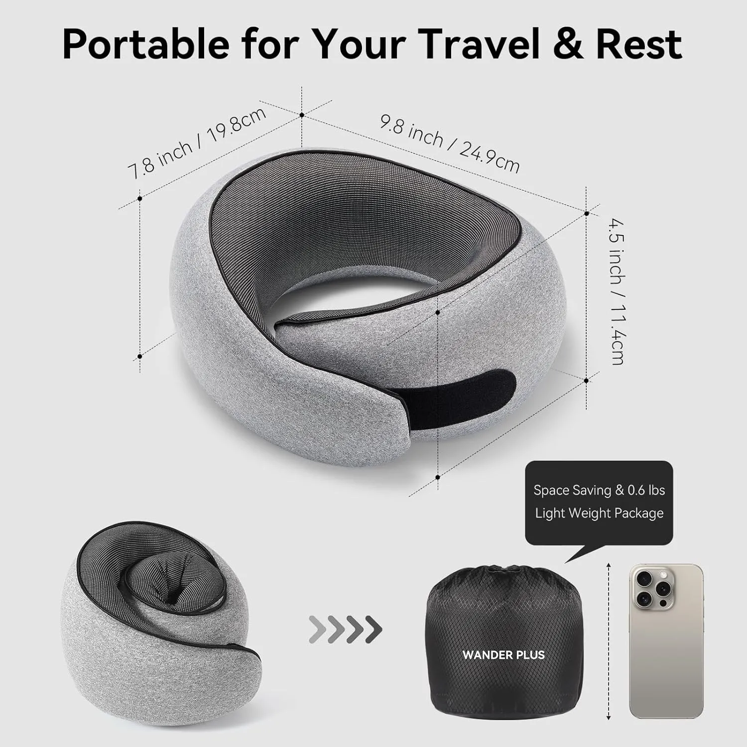 WANDER PLUS® Genuine Travel Pillow, 100% Pure Memory Foam Neck Pillow for Airplanes, Comfortable Breathable Cover, 360° Support Stowable Pillows for Sleeping, Car, Airport Travel Essentials Sky Blue