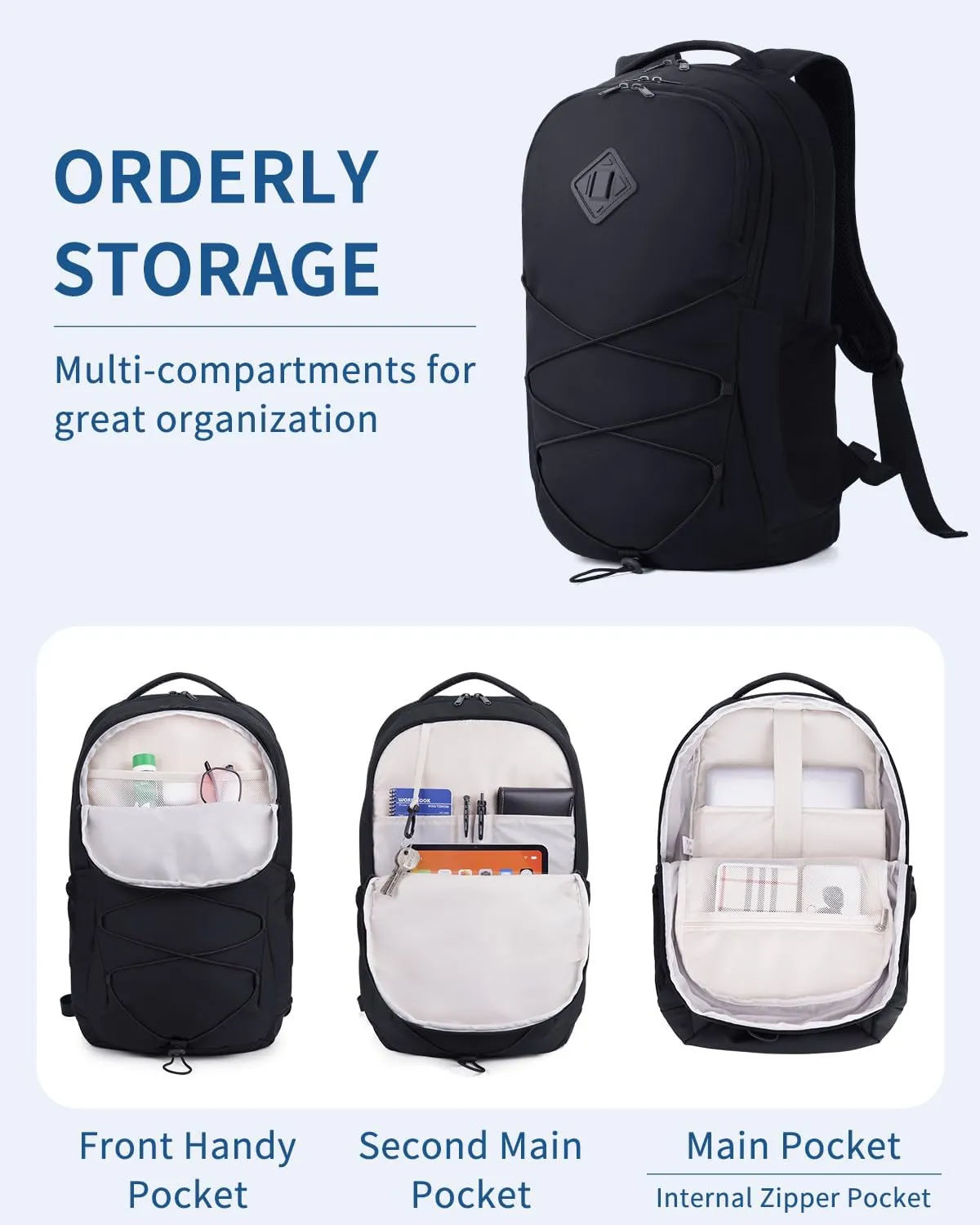 WANDF 15.6-Inch Laptop Backpack for Women Men Airline Approved Water Resistant Lightweight Travel Bag Casual Backpack for Weekender Business with Whistle Buckle & Elastic Strap (Black)