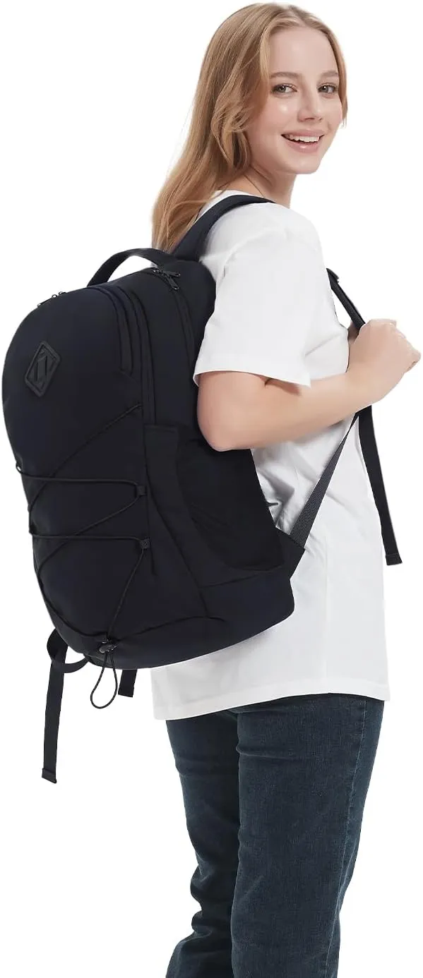 WANDF 15.6-Inch Laptop Backpack for Women Men Airline Approved Water Resistant Lightweight Travel Bag Casual Backpack for Weekender Business with Whistle Buckle & Elastic Strap (Black)
