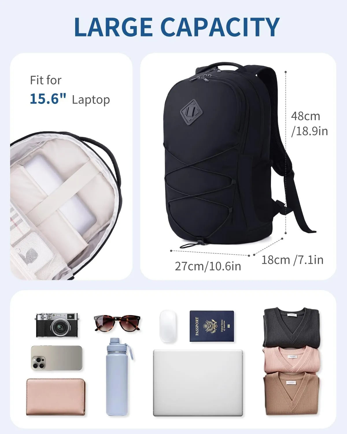 WANDF 15.6-Inch Laptop Backpack for Women Men Airline Approved Water Resistant Lightweight Travel Bag Casual Backpack for Weekender Business with Whistle Buckle & Elastic Strap (Black)