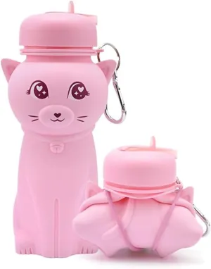 Water Bottle Cartoon Kettle Portable Anti-Fall and Leak-Proof Silicone Folding Water Cup Outdoor Sports Cup(Pink Kitten Bottle)