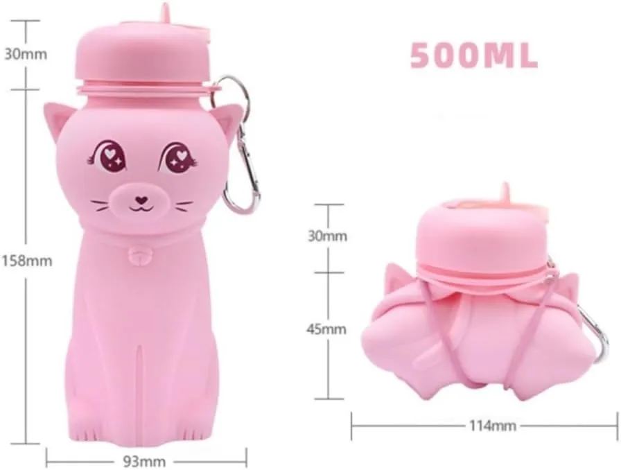 Water Bottle Cartoon Kettle Portable Anti-Fall and Leak-Proof Silicone Folding Water Cup Outdoor Sports Cup(Pink Kitten Bottle)