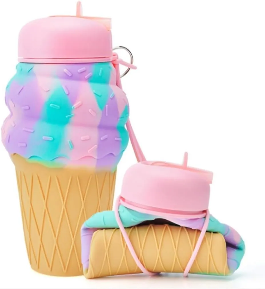 Water Bottle Cartoon Kettle Portable Anti-Fall and Leak-Proof Silicone Folding Water Cup Outdoor Sports Cup(Pink Kitten Bottle)