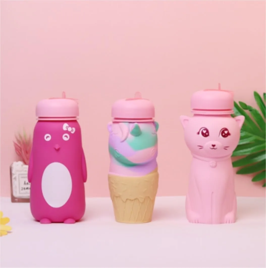 Water Bottle Cartoon Kettle Portable Anti-Fall and Leak-Proof Silicone Folding Water Cup Outdoor Sports Cup(Pink Kitten Bottle)