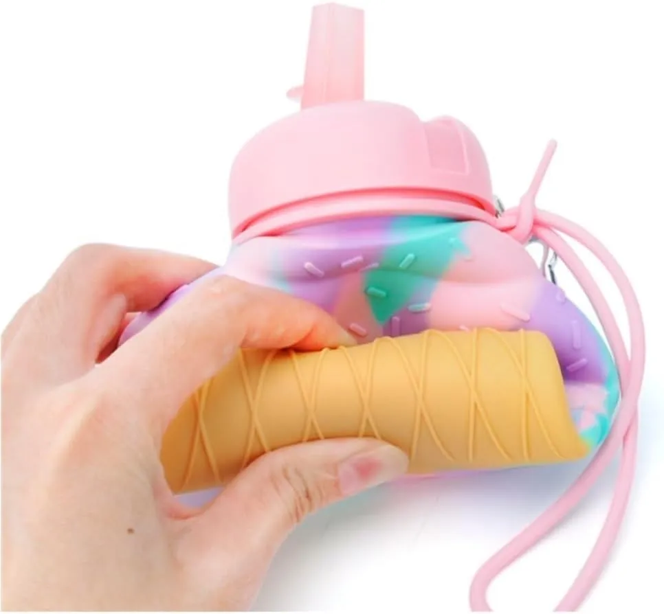 Water Bottle Cartoon Kettle Portable Anti-Fall and Leak-Proof Silicone Folding Water Cup Outdoor Sports Cup(Pink Kitten Bottle)